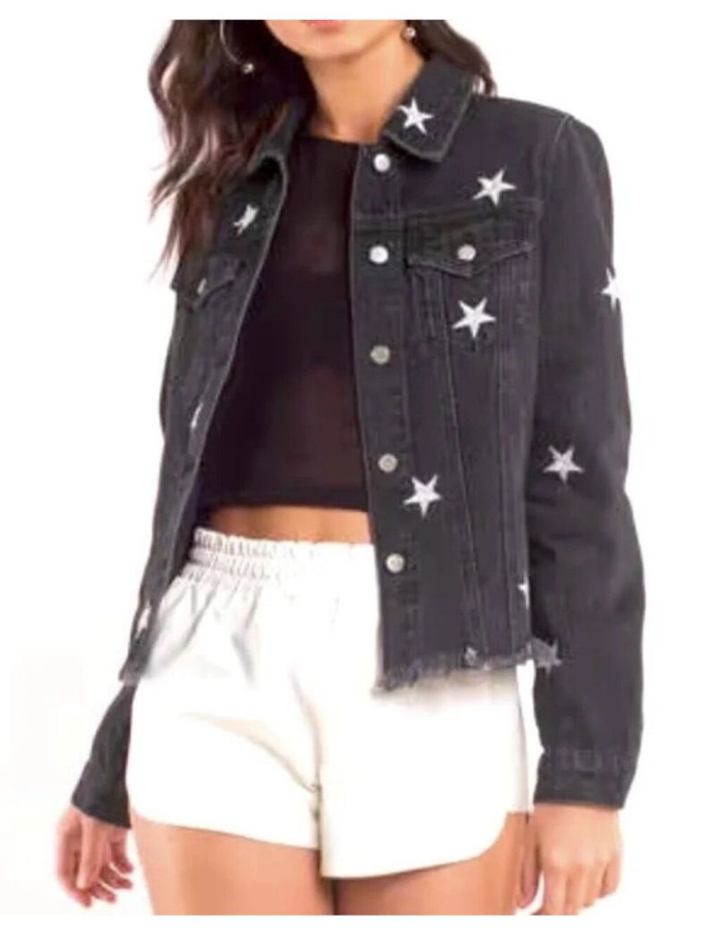 Honey Punch Women's Black Denim Jacket with White Star Embroidered Size M